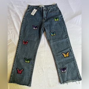 Cider Dark Wash Jeans With Butterfly Patches Size Small New With Tags